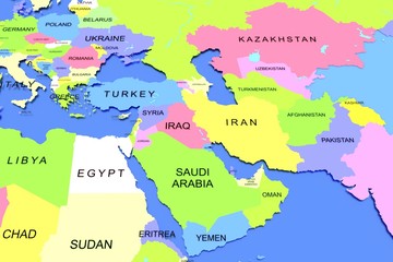 Three dimensional rendered map of Middle East