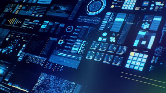 Perspective view of lowpower Futuristic interface/Digital screen.Detailed abstract background with blinking and switching indicators and statuses showing work of command center, processing big data, m