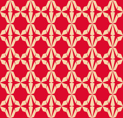 Vector seamless geometric pattern. Abstract texture with grid, lattice, mesh, stars, triangular shapes. Simple repeat background. Retro vintage style texture in red and tan colors. Festive design