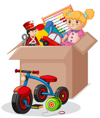 Cardboard box full of toys on white background