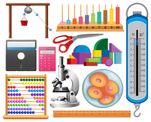 Large set of science equipments on white background