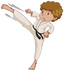 Athlete doing karate kick on white background