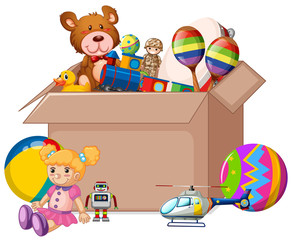Cardboard box full of toys on white background