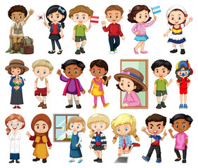 Large set of boys and girls doing different activity on white background