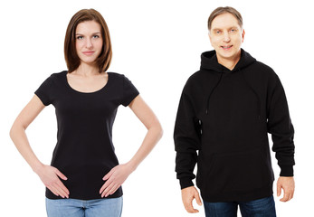 Photo of a male and female posing with a blank black hoodie t shirt. Woman black t-shirt mock up. Front views ready for your artwork or designs