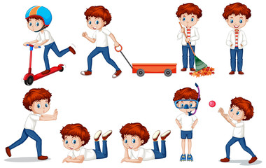 Boy in bluejeans doing different activities