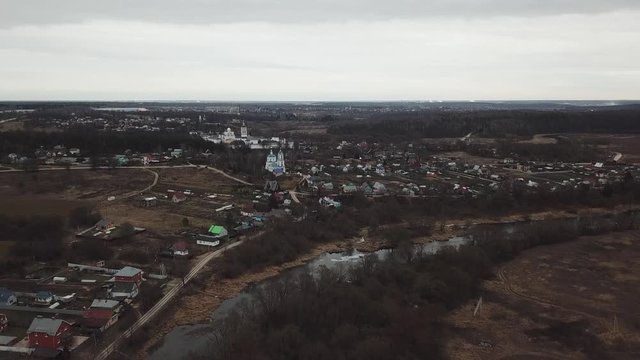Aerial: View of the Roshcha (Grove) Village near the Borovsky Monastery, Kaluga Oblast, Russia