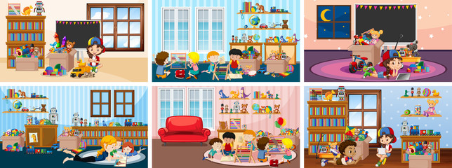 Six scenes with children playing in the room