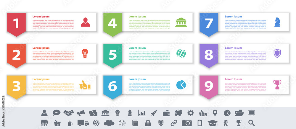 Wall mural infographic design business concept vector illustration with 9 steps or options or processes represe