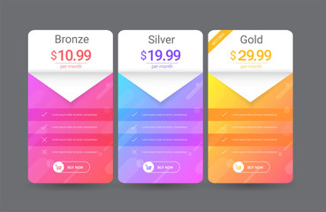 Modern pricing table, plan template . Price list collection for applications or websites. vector illustration.