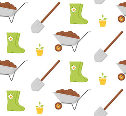Seamless vegetable garden pattern. Cartoon flat style. Isolated on white background. Template for printing on fabrics, napkins, packaging, wrappers, gifts, backgrounds for thematic exhibitions on the 
