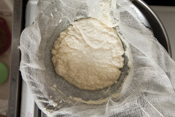 Making cheese curds by straining out water from milk.