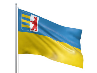 Zakarpattia oblast (Ukraine) flag waving on white background, close up, isolated. 3D render