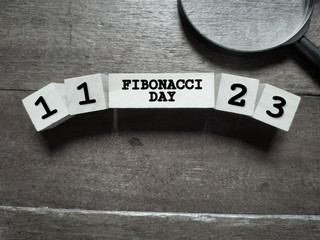 inspirational text of 11 fibonacci day 23  on wooden blocks with magnifying glass background