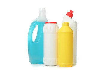 Group of bottles with detergent isolated on white background