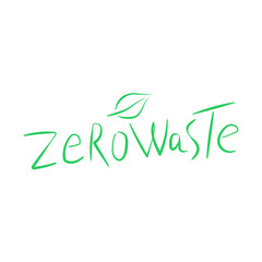 Zero waste handwritten text title sign with green tree leaf. Ecology management concept isolated illustration on white background. Vector illustration.