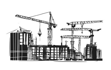 Building construction. Sketch of industrial landscape. Hand drawn illustration converted to vector