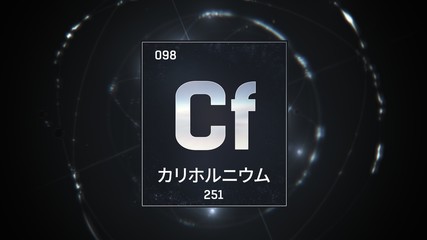 3D illustration of Californium as Element 98 of the Periodic Table. Silver illuminated atom design background with orbiting electrons name atomic weight element number in Japanese language