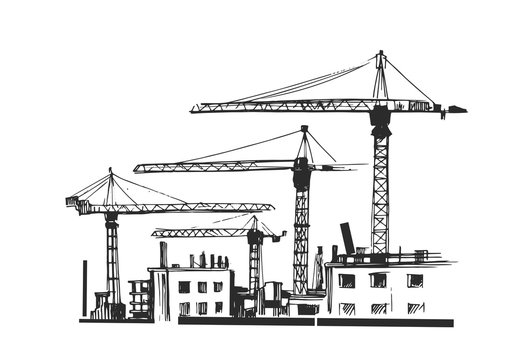 Building construction. Sketch of industrial landscape. Hand drawn illustration converted to vector