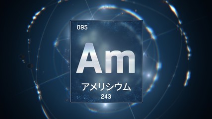 3D illustration of Americium as Element 95 of the Periodic Table. Blue illuminated atom design background with orbiting electrons name atomic weight element number in Japanese language