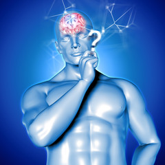 3D render of  a human figure thinking with brain highlighted