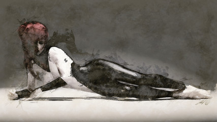 Digital artistic Sketch, based on a self-created 3D Illustration of a Female in Black and White
