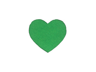 Оne green felt heart on a white isolated background. Love of nature, ecofriendly mood. Stock photo for the day of St. Valentine with empty space for your text. For web, print, postcards and wallpaper.