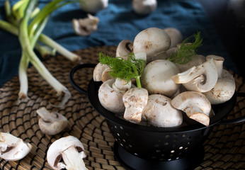 sieb mit frischen champignons, frühlingszwiebeln und fenchel