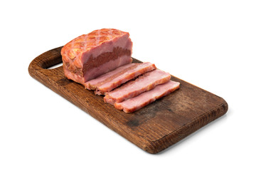 Smoked meatloaf isolated on white background.