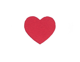 Оne red felt heart on a white isolated background. Stock photo for the day of St. Valentine with empty space for your text. For web, print, postcards and wallpaper.