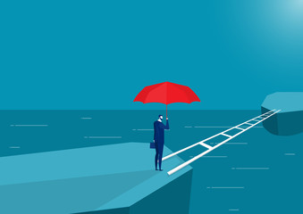 business man holding red umbrella standing thinking crossing bridge forward to new land vector
