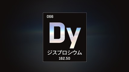 3D illustration of Dysprosium as Element 66 of the Periodic Table. Grey illuminated atom design background with orbiting electrons name atomic weight element number in Japanese language