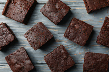 Chocolate cake slices texture background, close up