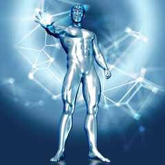 Fototapeta na wymiar 3D render of a human figure with brain highlighted and a light ball in his hand