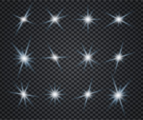 Stars set on transparent background. Blur stardust is glittering. Collection of sparkling white lights. Bright shining beams. Xmas glare and glitter effects