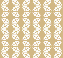 Golden triangles seamless pattern. Vector abstract gold and white geometric texture. Simple minimal graphic background with small triangles, rhombuses, hexagonal grid, lattice. Luxury repeat design