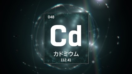 3D illustration of Cadmium as Element 48 of the Periodic Table. Green illuminated atom design background orbiting electrons name, atomic weight element number in Japanese language