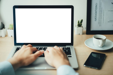 mockup image blank screen computer with white background for advertising text,hand man using laptop...