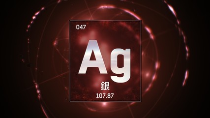 3D illustration of Silver as Element 47 of the Periodic Table. Red illuminated atom design background orbiting electrons name, atomic weight element number in Japanese language