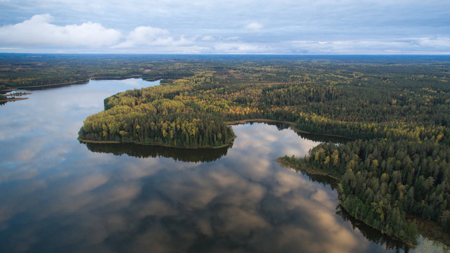 Autumn colored wild fores landscape and sunset cloud formations reflecting back from the calm water of the &Auml;hij&auml;rv lake in Karula national park, Valga county, Estonia.