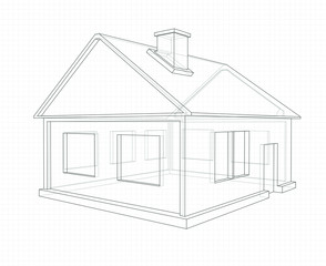 Line drawing of a house, 3D perspective in the style of X-ray, on a notebook sheet of squared paper