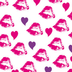 Pattern with pink lipstick kisses and hearts, Imprints of lipstick, prints of lips