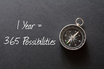 Inspirational quote : 1 Year = 365 Possibilities ,on black background with compass
