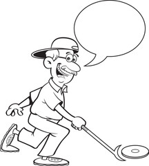 Black and white illustration of a senior citizen playing shuffleboard with a caption balloon.