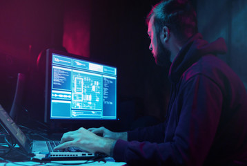 Hackers breaking server using multiple computers and infected virus ransomware. Cybercrime,...