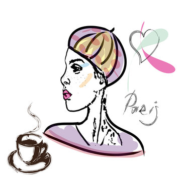 Girl in a beret, Parisian woman with a cup of coffee