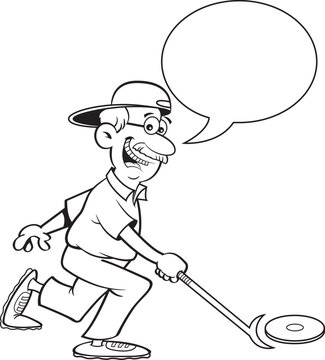 Black and white illustration of a senior citizen playing shuffleboard with a caption balloon.
