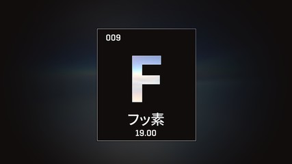 3D illustration of Fluorine as Element 9 of the Periodic Table. Grey illuminated atom design background orbiting electrons name, atomic weight element number in Japanese language
