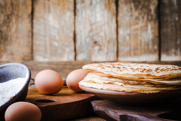 Blini crepes, making thin pancakes, ingredients