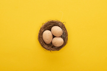 top view of chicken eggs in nest on colorful yellow background